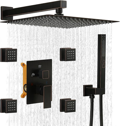 RUMOSE Rainfall Shower System with 4 Body Jets Wall Mounted 4 Mode Shower Faucet Set with 12 Inch Rain Shower Head and 2 in 1 Handheld Spray, Oil Rubbed Bronze Brass Shower Fixtures, Rough-in Valve