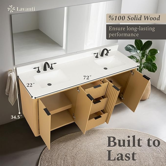 Lavanti Wooderna 72 Inch Bathroom Vanity with Sink – Stylish Firwood Oak Vanity Bathroom with Storage Cabinet – Modern Bathroom Vanities with Double Vanity Sink & Quartz Countertop