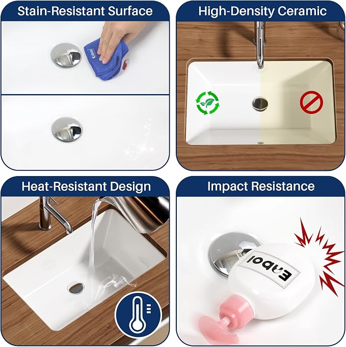 Enbol 18.6x11.2 Inch Undermount Bathroom Sink White Ceramic Durable Scratch Resistant Easy Clean with Overflow - ECU1811