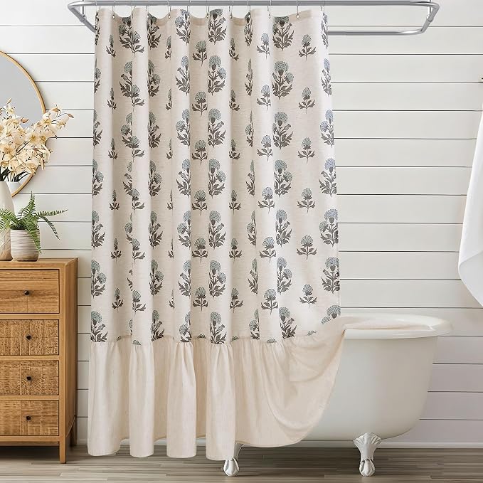 ORTIGIA Linen Textured Ruffle Shower Curtain with Metal Hooks, Vintage Blue Floral Block Print Boho Waterproof Bath Curtain for Rustic Farmhouse Bathroom Decor 72x72 Inch