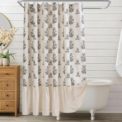 ORTIGIA Linen Textured Ruffle Shower Curtain with Metal Hooks, Vintage Blue Floral Block Print Boho Waterproof Bath Curtain for Rustic Farmhouse Bathroom Decor 72x72 Inch