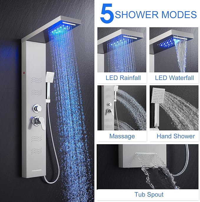 Shower Panel Tower System with LED Lights, Stainless Steel 5 in 1 Shower Panel with Rainfall Waterfall Shower Head, Body Spray, Handheld Shower, Tub Spout (Brushed)