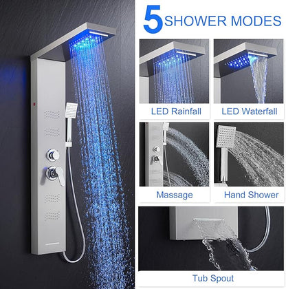 Shower Panel Tower System with LED Lights, Stainless Steel 5 in 1 Shower Panel with Rainfall Waterfall Shower Head, Body Spray, Handheld Shower, Tub Spout (Brushed)