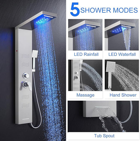 Shower Panel Tower System with LED Lights, Stainless Steel 5 in 1 Shower Panel with Rainfall Waterfall Shower Head, Body Spray, Handheld Shower, Tub Spout (Brushed)
