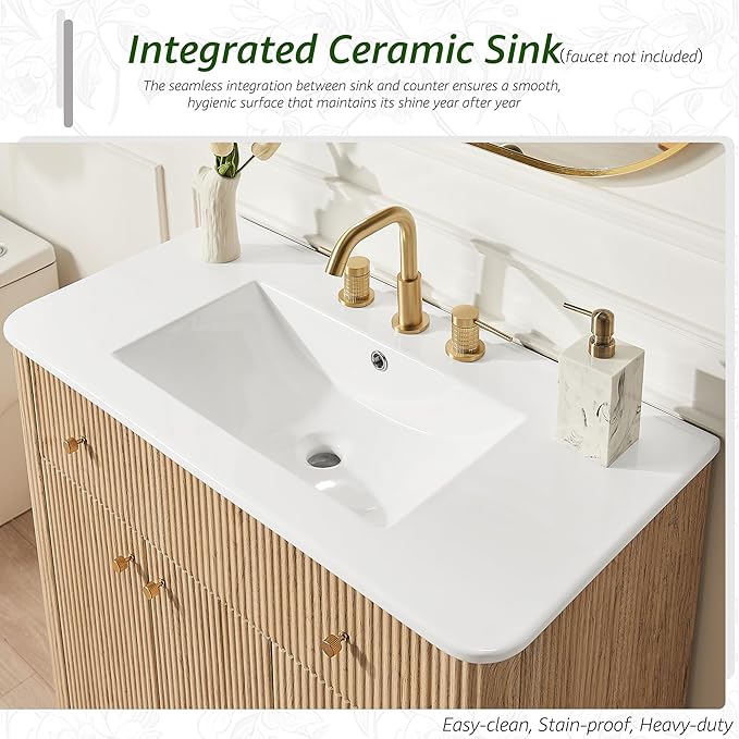 T4TREAM 36 Inch Bathroom Vanity with Sink, Modern Fluted Single Bathroom Vanity with Sink with Storage Cabinet, Adjustable Shelf and 3 Small Drawers, Natural Oak