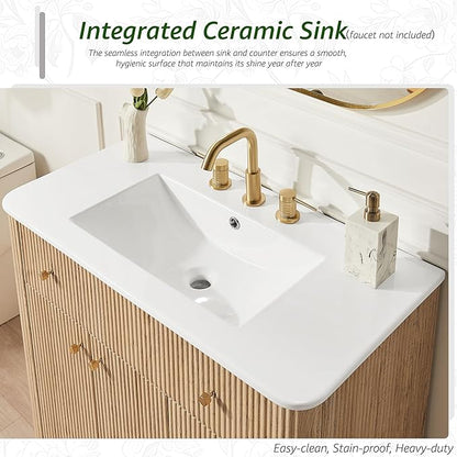 T4TREAM 36 Inch Bathroom Vanity with Sink, Modern Fluted Single Bathroom Vanity with Sink with Storage Cabinet, Adjustable Shelf and 3 Small Drawers, Natural Oak