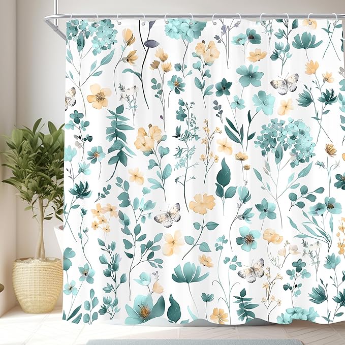 Cute Floral Teal Flower Wildflower Rustic Women Bathroom Shower Curtain Set | 72"W x 72"H Plants Leaves; waterproof HD print, quick-dry fabric and plastic hooks for easy setup.