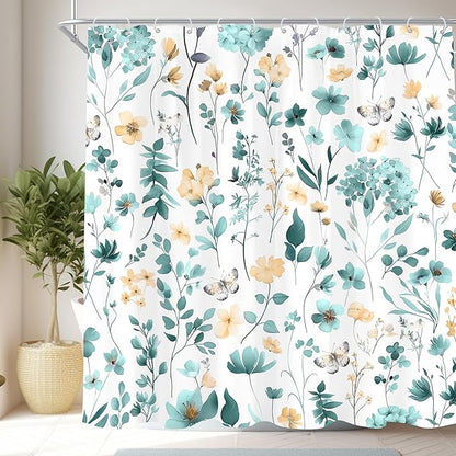 Cute Floral Teal Flower Wildflower Rustic Women Bathroom Shower Curtain Set | 72"W x 72"H Plants Leaves; waterproof HD print, quick-dry fabric and plastic hooks for easy setup.