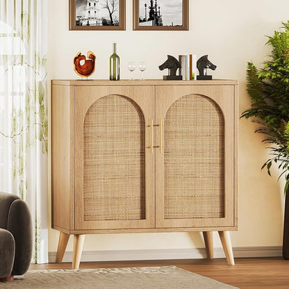 Rovaurx Rattan Storage Cabinet with Doors, Modern Accent Bathroom Floor Cabinet, Sideboard Buffet for Living Room, Entryway, Dining Room and Kitchen, Natural BMGZ108M