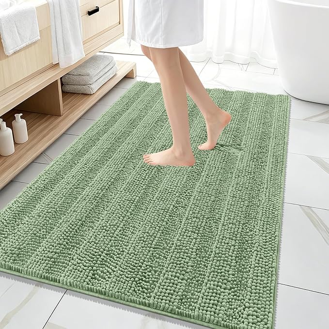 OLANLY Thick Large Bathroom Rugs 59x35, Chenille Bath Rugs, Sage Green | Absorbent Striped, Rubber Backing, Machine Wash Dry, Bath Mats for Bathroom Floor, Tub and Shower, Home Decor Accessories