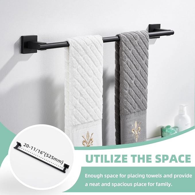 Suyar Bathroom Hardware Set Matte Black, Bathroom Accessories 4 Pieces | Include Robe Hook, Toilet Paper Holder, Hand Towel Holder, Towel Bar, SUS304 Stainless Steel, Wall Mounted