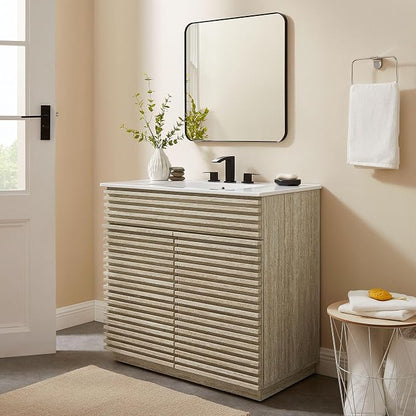 Modway Render Faux Travertine Slatted Bathroom Cabinet in Travertine - 36 Inch Single Bathroom Vanity with No Sink - Modern Freestanding Vanity Storage Cabinet - Mid-Century Bathroom Furniture