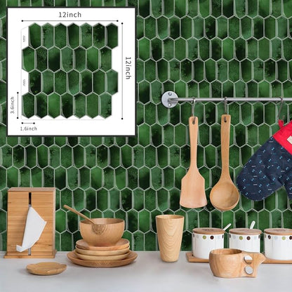 10-Sheet Long Hexagon Peel and Stick Kitchen Backsplash Tiles | 3D Waterproof Self-Adhesive Wall Tile Stick on Backsplash for Kitchen, Bathroom, Fireplace,RV(Dark Green,12"×12")