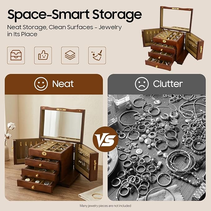 Large Wooden Jewelry Box with Mirror and Lock, 4 Layers Locking Jewelry Organizer, Watches Necklace Ring Storage Box for Women