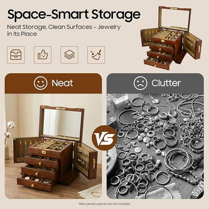 Large Wooden Jewelry Box with Mirror and Lock, 4 Layers Locking Jewelry Organizer, Watches Necklace Ring Storage Box for Women