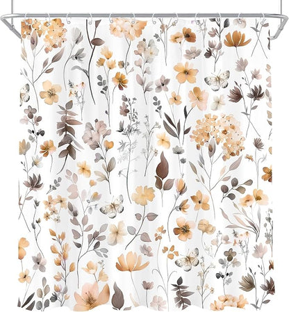 Cute Floral Orange Flower Watercolor Wildflower Bathroom Shower Curtain Set | 72"W x 72"H Butterfly Plants; waterproof HD print, quick-dry fabric and plastic hooks for easy setup.