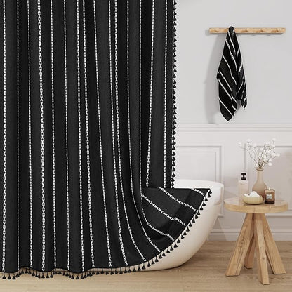 Boho Farmhouse Tassel Linen Shower Curtain,3D Embroidery Stripe Black,48x72 | Narrow Stall,310GSM Linen Texture Heavy Duty Cloth,Water Repellent,Wrinkle Resistant,Bohemian Luxury Farmhouse Rustic style