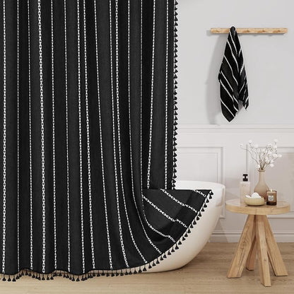 MitoVilla Boho Tassel Linen Shower Curtain,3D Embroidery Stripe Black,72x84 | Extra Long Xl,310GSM Heavy Duty Cloth,Water Repellent,Wrinkle Resistant,Vintage Rustic Farmhouse Country,12 Plastic Hooks