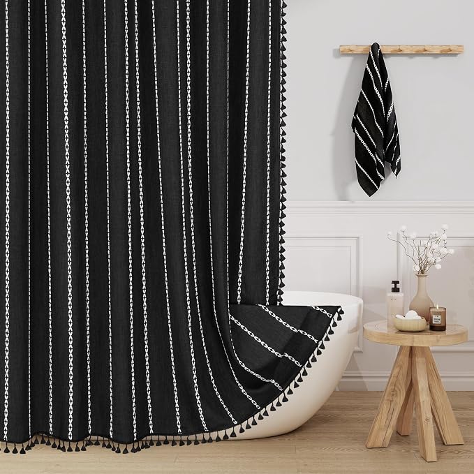 Boho Striped Tassel Linen Shower Curtain,3D Embroidery Stripe Black,54x72 | Wide Stall,310GSM Linen Texture Heavy Duty Cloth,Water Repellent,Chic Cottagecore French Rustic Farmhouse,Wrinkle Resistant