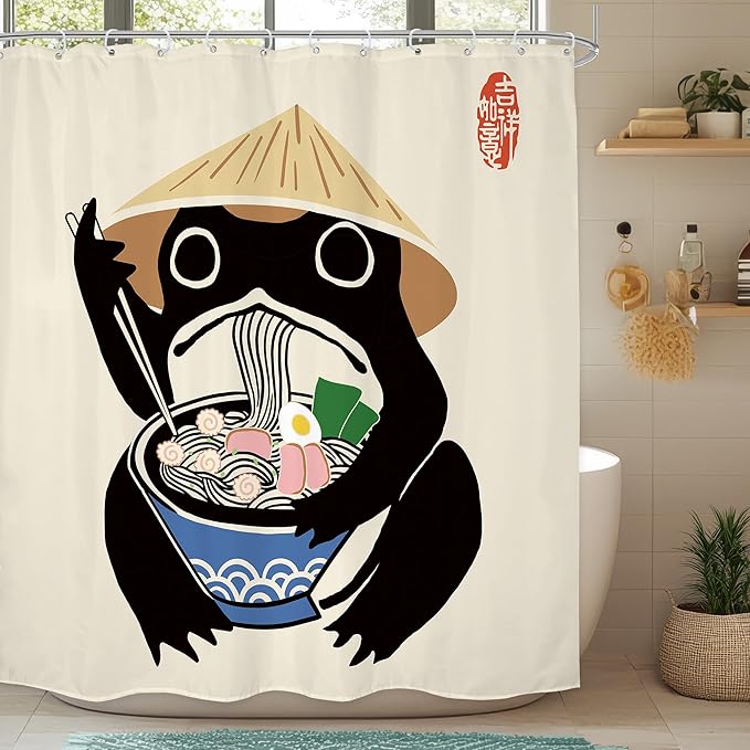 LGhtyro Funny Frog Shower Curtain Bathroom Set 71Wx71H Inches Retro Cute Animal Asian Traditional Japanese Noodles Strawhat Vintage Bath Accessories Kids Children Art Home Decor Fabric 12 Pack Hooks