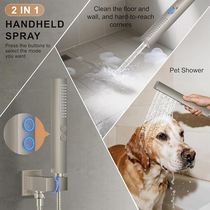Rain Shower System 12" & 6" Dual Shower Heads, Wall Mount Shower Faucet Set | Ideal for bathroom remodels and upgrades with 12" rain shower, 6" angled shower, handheld spray and complete valve kit.
