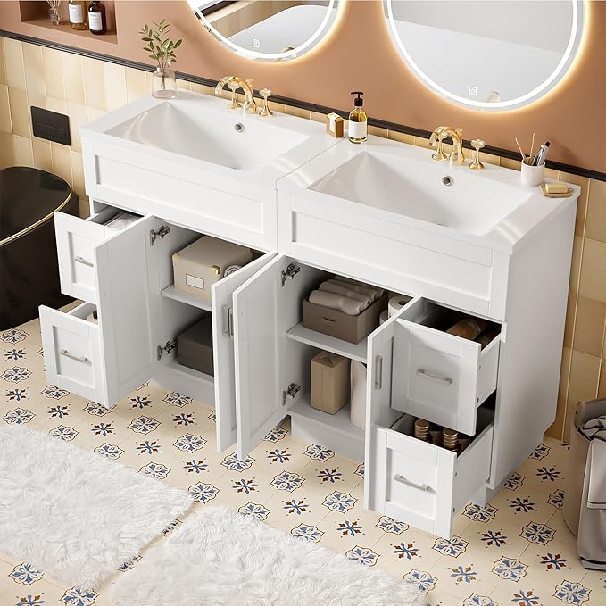 60" Bathroom Vanity Set with Double Sink, Harper & Bright Designs Vanity Cabinet with 4 Cabinet Doors, 4 Drawers, 2 Adjustable Shelves, Solid Wood Bathroom Cabinet with Resin Basin for Bathroom, White