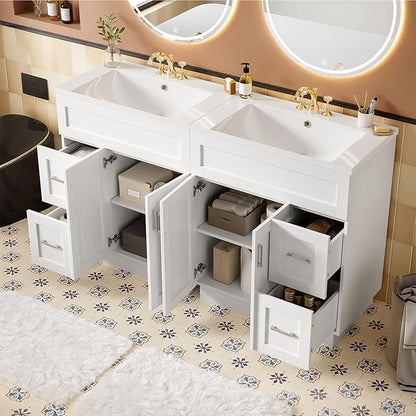 60" Bathroom Vanity Set with Double Sink, Harper & Bright Designs Vanity Cabinet with 4 Cabinet Doors, 4 Drawers, 2 Adjustable Shelves, Solid Wood Bathroom Cabinet with Resin Basin for Bathroom, White