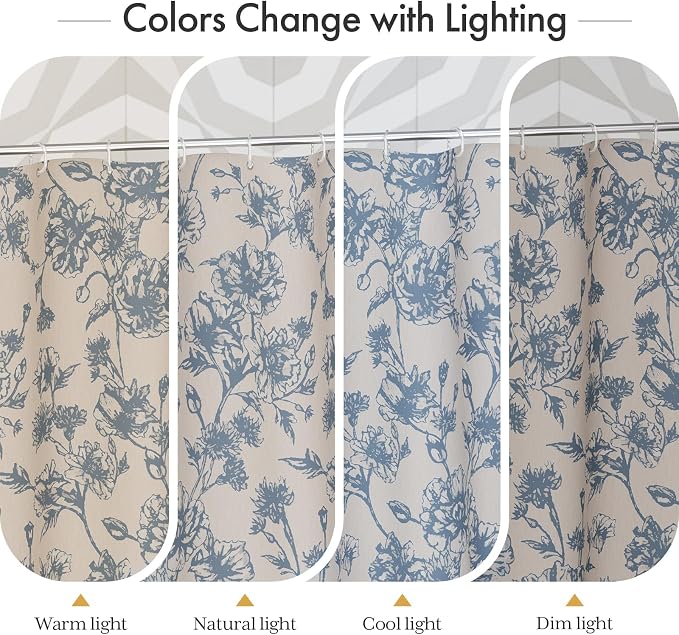 AmazerBath Light Blue Floral Shower Curtain, Modern Farmhouse Shower Curtain Set with Tassels, Rustic Faux Linen Shower Curtain Washable with Hooks for Cottagecore Style, 72x72 Inches