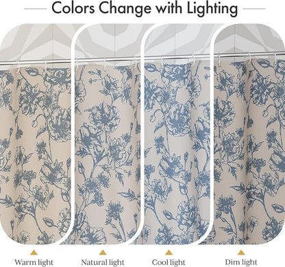 AmazerBath Light Blue Floral Shower Curtain, Modern Farmhouse Shower Curtain Set with Tassels, Rustic Faux Linen Shower Curtain Washable with Hooks for Cottagecore Style, 72x72 Inches