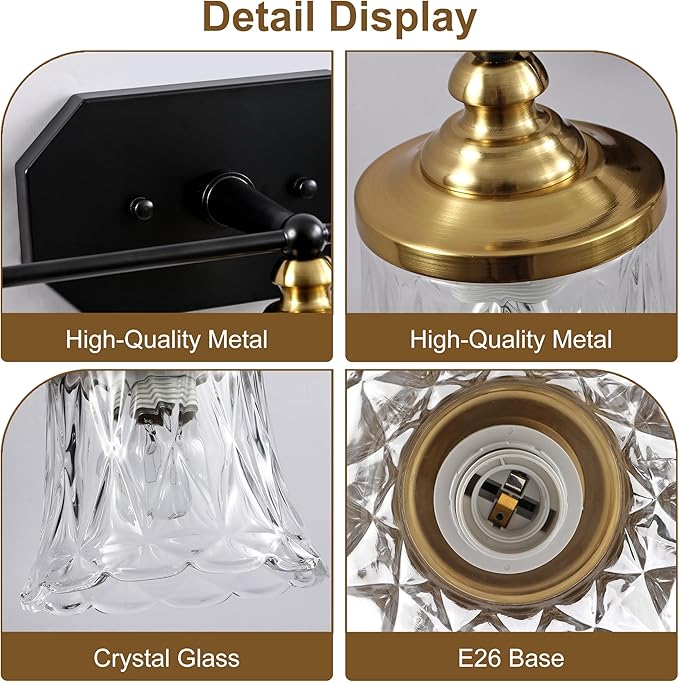 Vintage Bathroom Vanity Light Fixtures, Black and Gold 4-Light Vanity Light, Antique Bathroom Lighting Fixtures Over Mirror with Crystal Glass Shade, Vanity Lights for Bedroom Living Room Hallway