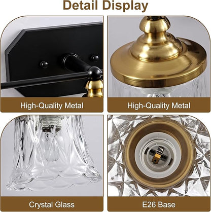 Vintage Bathroom Vanity Light Fixtures, Black and Gold 3-Light Vanity Light, Antique Bathroom Lighting Fixtures Over Mirror with Crystal Glass Shade, Vanity Lights for Bedroom Living Room Hallway