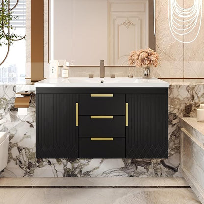 36 Inch Bathroom Vanity with Sink, Wall Mounted Bathroom Storage Cabinet with 2 Doors and 2 Drawers, Floating Bathroom Vanities with Decor Line