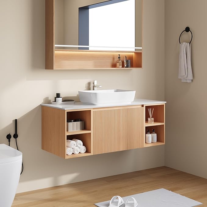 48" Floating Bathroom Vanity with Sink, Modern Vanity Cabinet with Sintered Stone Countertop, Wall Mount Bathroom Sink with Storage, Ceramic Basin, Light Wood (Pure White)