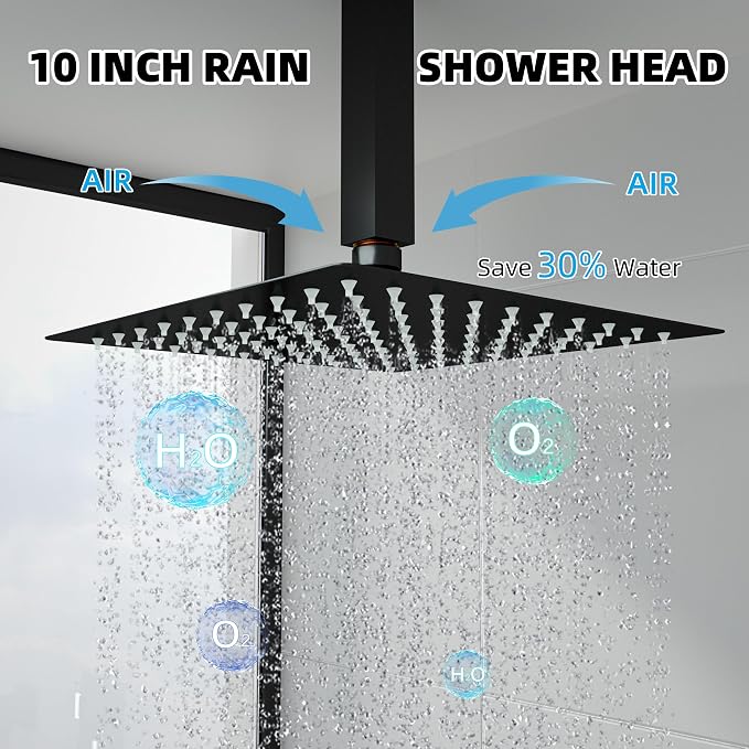 Shower System with 10-Inch Rain Head and Tub Spout | All-Metal Tub Shower Faucet Set, Ceiling Mount Rain Showerhead, Handheld Spray, Includes Valve and Trim Kit, Matte Black