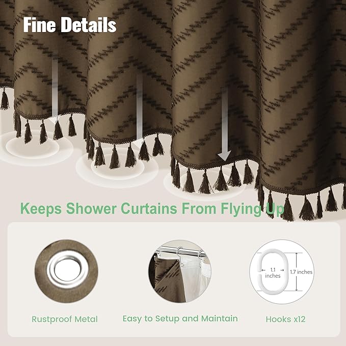 Dynamene Long Shower Curtain and Liner Set - 78 inch Tall Boho Shower Curtain and Waterproof Clear Liner, Tufted Chevron Striped Textured Tassel Shower Curtains for Bathroom, 12 Hooks, 72x78, Brown