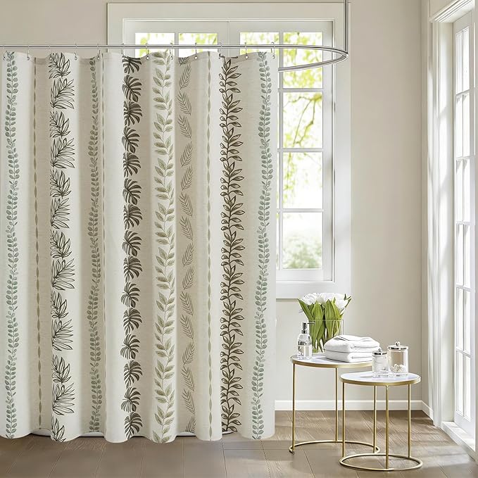 ORTIGIA Linen Striped Shower Curtain 72x84 Inch Extra Long with Metal Hooks,Sage Green Leaf Botanical Waterproof Natural Linen Bath Curtain for Rustic Farmhouse Bathroom Decor