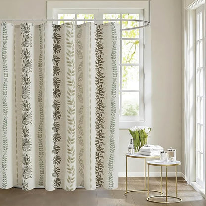 ORTIGIA Linen Shower Curtain with Metal Hooks,Sage Green Leaf Botanical Waterproof Natural Linen Bath Curtain for Rustic Farmhouse Bathroom Decor 72x72 Inch