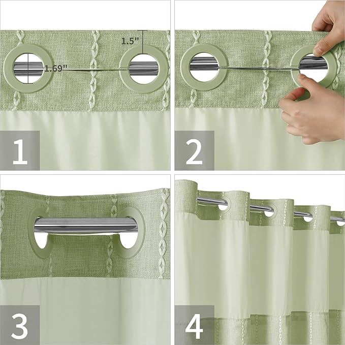 eachope No Hook Stall Shower Curtain with Snap-in Fabric Liner - 54x80 Heavy-Duty Linen Textured Striped Design,Narrow Rustic Modern Farmhouse Bohemian Bathroom Curtain,Water-Repellent,Sage Green | 330GSM Heavy-Duty Linen Textured Striped Design,Narrow...