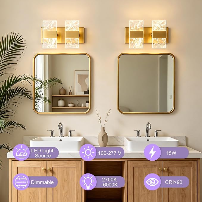 Modern LED Bathroom Light Fixtures Dimmable 2-Light Gold Vanity Light | 5CCT Adjustable Lighting, Smoked Acrylic LED Vanity Lights, Wall Sconces for Bathroom, Dimmable 6000K