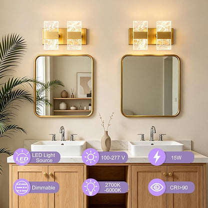 Modern LED Bathroom Light Fixtures Dimmable 2-Light Gold Vanity Light | 5CCT Adjustable Lighting, Smoked Acrylic LED Vanity Lights, Wall Sconces for Bathroom, Dimmable 6000K