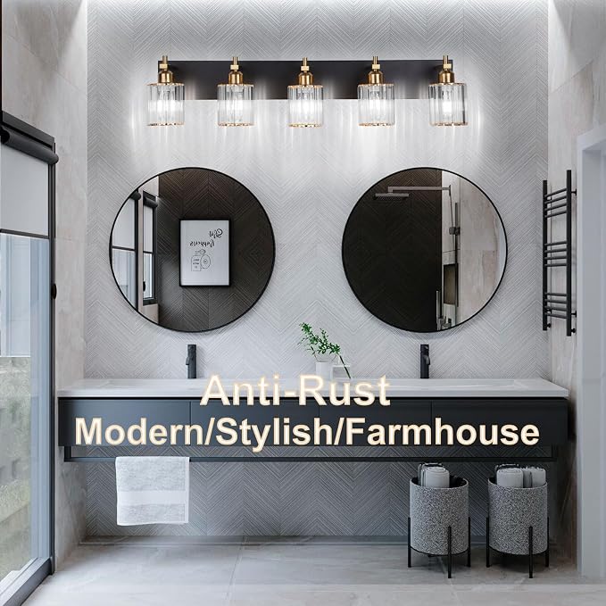 She's home 5-Light Vanity Lights for Bathroom: Black Gold Vanity Lights with Crystal Glass Shade, Modern Crystal Bathroom Light Fixtures Over Mirror, 34inch Black Gold Wall Sconce for Bath, E26 Base