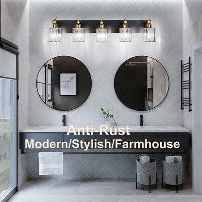 She's home 5-Light Vanity Lights for Bathroom: Black Gold Vanity Lights with Crystal Glass Shade, Modern Crystal Bathroom Light Fixtures Over Mirror, 34inch Black Gold Wall Sconce for Bath, E26 Base