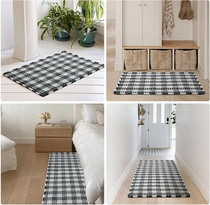 TYUU Waffle Runner Rug Bathroom, Long Boho Bath Mat, 72x24 Black & White | Super Absorbent Quick Dry Bath Rug, Non-Slip Backing, Soft Waffle Washable Farmhouse Bathroom Mats, Tub, Shower & Home Decor