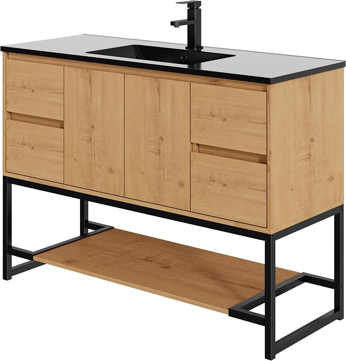 LUCKWIND 48" Modern Bathroom Vanity with Single Black Sink Combo, Freestanding Storage Cabinet with Metal Frame, Matte Black Faucet and Open Shelf and 2 Soft-Closing Door, Natural