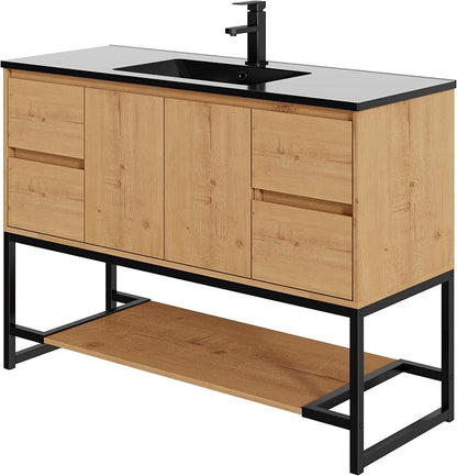 LUCKWIND 48" Modern Bathroom Vanity with Single Black Sink Combo, Freestanding Storage Cabinet with Metal Frame, Matte Black Faucet and Open Shelf and 2 Soft-Closing Door, Natural