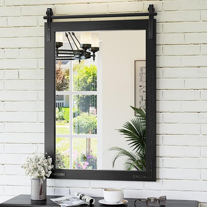 Farmhouse Mirror for Bathroom, 24"x36" Black Farmhouse Mirror with Rustic Wood Framed, Barn Door Vanity Mirrors for Wall, Vintage Decorative Mirrors for Entryway,Living Room,Bedroom