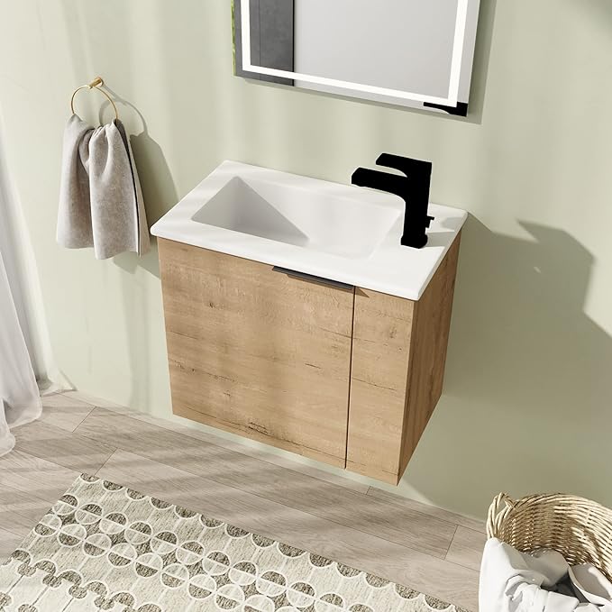 22" Bathroom Vanity with Sink, 22 Inch Floating Bathroom Vanity for Small Space, Single Sink Bathroom Vanity Combo, Modern Bathroom Vanity, Brown Wall Mounted Cabinet Set（002）
