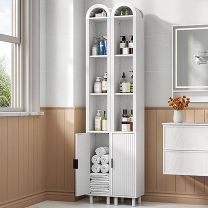Narrow Bathroom Storage Cabinet Set, Tall Arched Small Wood Cabinet, Slim | Mid Century Modern White Towel Cabinet, Fluted Doors, 4 Tier Shelves, Wooden Display Cabinet for Living Room, Skinny, 2 Pcs