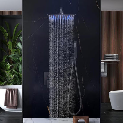 Aolemi Shower Faucet Set with Valve Handheld 16" LED Head Matte Black | Handheld Spray,16 Inch Rain LED Head,Valve and Trim Kit,All Metal,Wall Mount Shower System,Bathroom Mixer