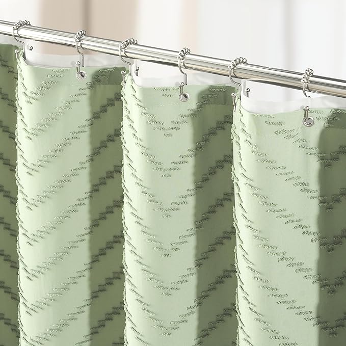Dynamene Stall Shower Curtain and Liner Set - 60 x 84 inch Long Boho Shower Curtain and Waterproof Clear Liner, Tufted Chevron Striped Tassel Shower Curtains for Bathroom, 10 Hooks, 60x84, Sage Green